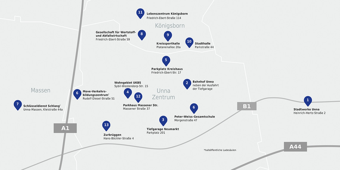 Karte Kreisstadt Unna mit öffentlichen Ladepunkten der Stadtwerke 